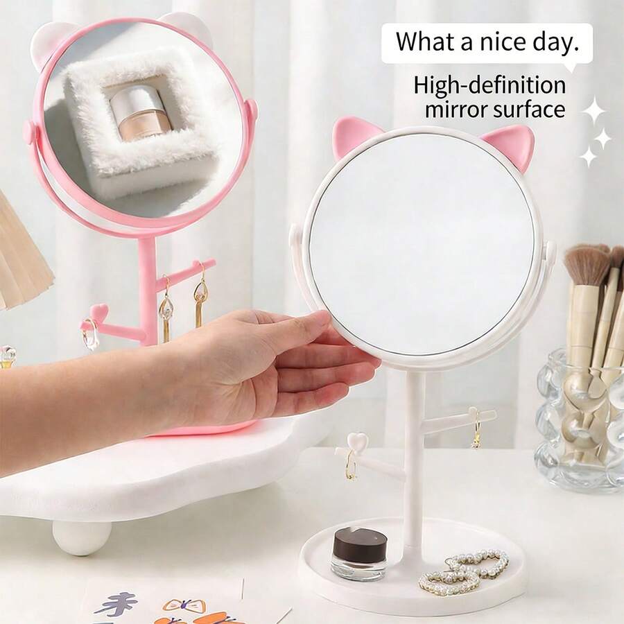 1 pieza Espejo de escritorio con orejas de gato lindo y bandeja, espejo de maquillaje de alta definición para dormitorio de estudiante - Multicolor - Ver 1
