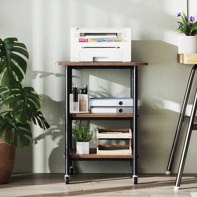  COSTWAY Height Adjustable Printer Stand, 3-Tier Printer Cart With Storage Shelves & Locking Wheels, Rolling Storage Rack, Heavy-Duty Mobile Machine Stand For 3D Printer Scanner Fax Machine, Brown/Black/White