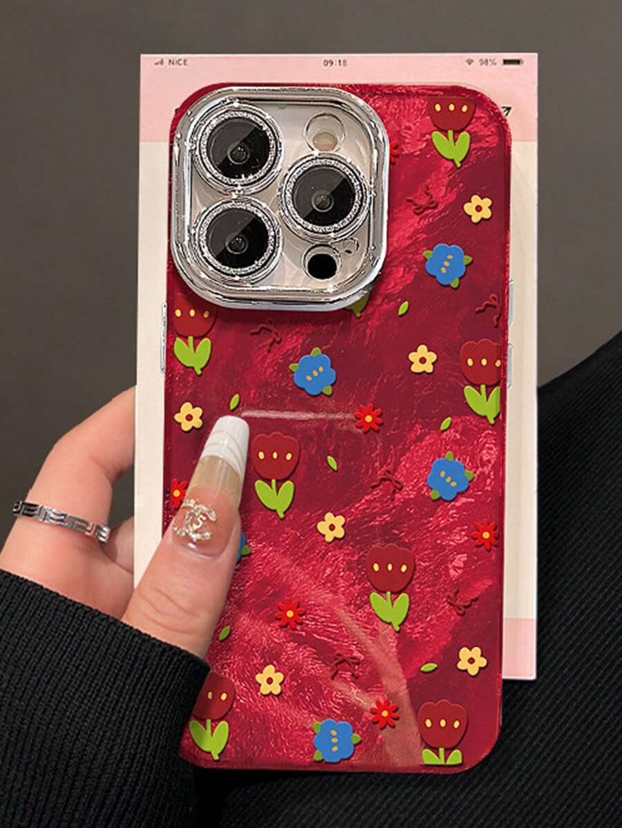 1pc Fashionable Red Floral Full-Screen Protective Case Compatible With Apple 17 Pro Max, New Design Compatible With IPhone 16 Pro Max, Personalized 15 Plus, Compatible With IPhone 14, 13, 12, 11 With Lens Protection - Red - View 1