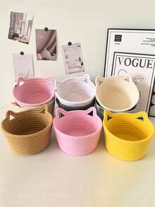 Handmade Woven Storage Basket, Rope Storage Box, Handmade Small Item Storage Box, Desktop Storage Basket, Cat Ear Shaped, Can Store Keys, Wallets, Toys, Small Items, Holiday Decor Basket, Room Decor, Home Accessories, Apartment Essential, Back To School & Travel Essential - Multicolor - View 8