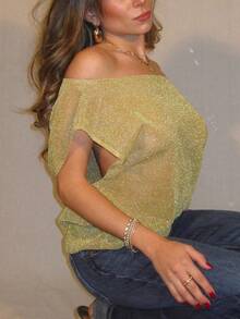 Women's Off Shoulder Tops Y2k Sparkly Shiny Sheer See Through Knit Crop Tops Solid Color Sleeveless Shirt Tops Summer Going Out Tops Daily Casual Streetwear - 金色 - 查看 3