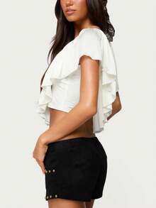 Women Y2K Ruffled V Neck Crop Top Solid Color Frill Trim Tie Back Cropped Shirts Summer Ruched Going Out Top Vintage Boho Blouse Tee Shirt Streetwear - 白色 - 查看 5