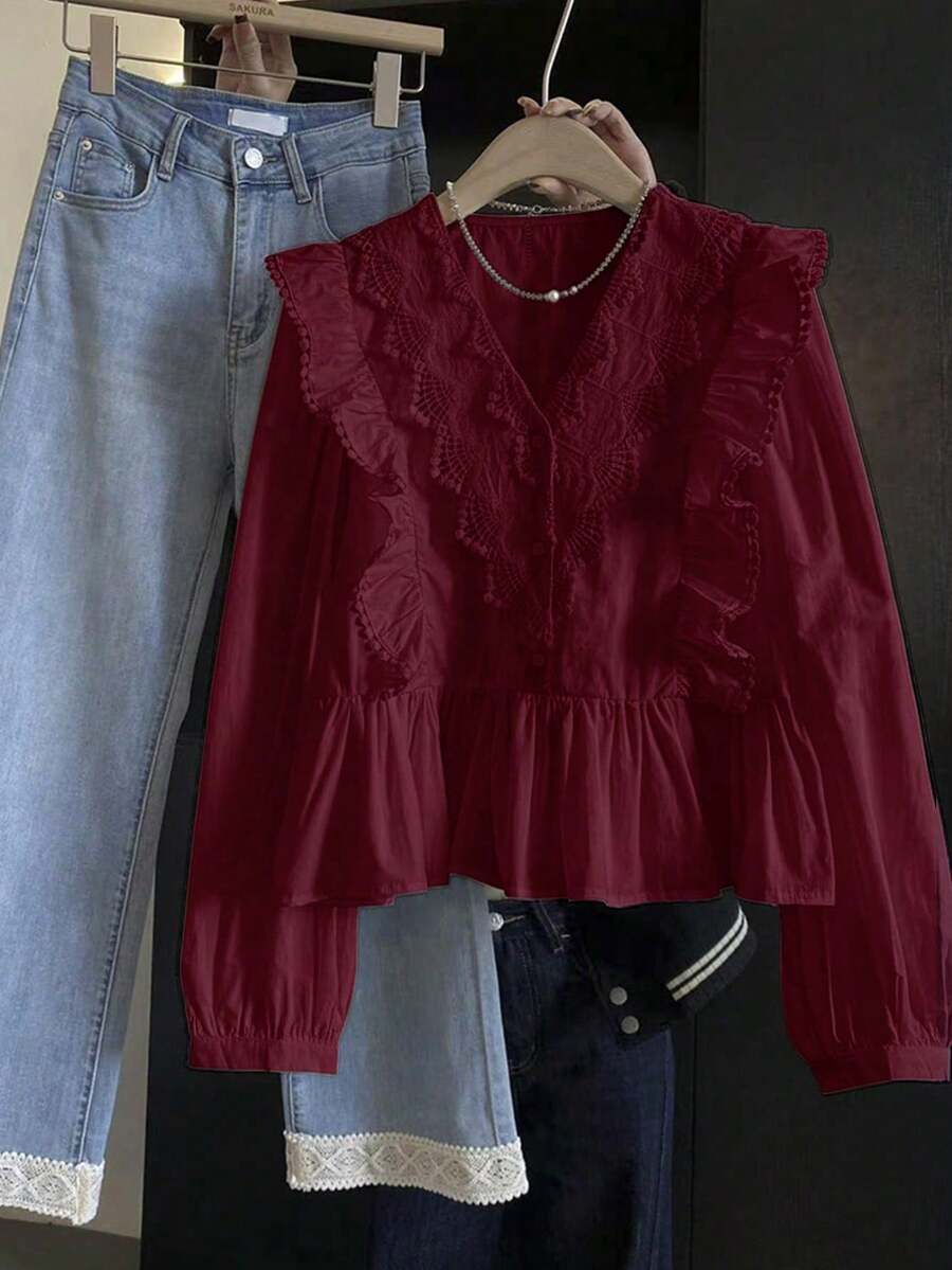 ii Plus Size Casual Solid Color Lace Patchwork Ruffle Trim Long Sleeve Top Spring - Burgundy - View 1