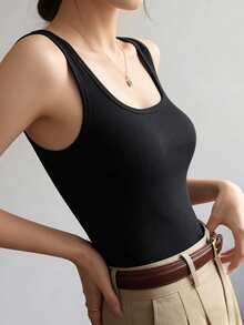 Black Ribbed Square Neck Camisole For Women - Built-In Padded Bust Slim Fit Sleeveless Comfortable T-Shirt Top, Soft & Casual Daily Wear - Black - View 11