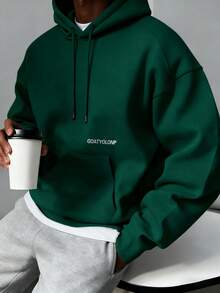 Camvyn 男士字母印花长袖口袋抽绳连帽卫衣，秋冬季休闲款 - 墨綠色 - 查看 2