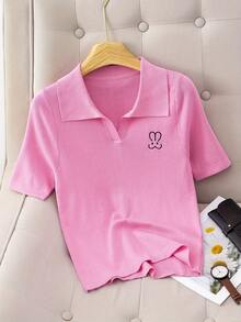 Camiseta Polo Feminina com Bordado, Camisa de Manga Curta, Rosa Primavera/Verão - Rosa chiclete - Visão 1