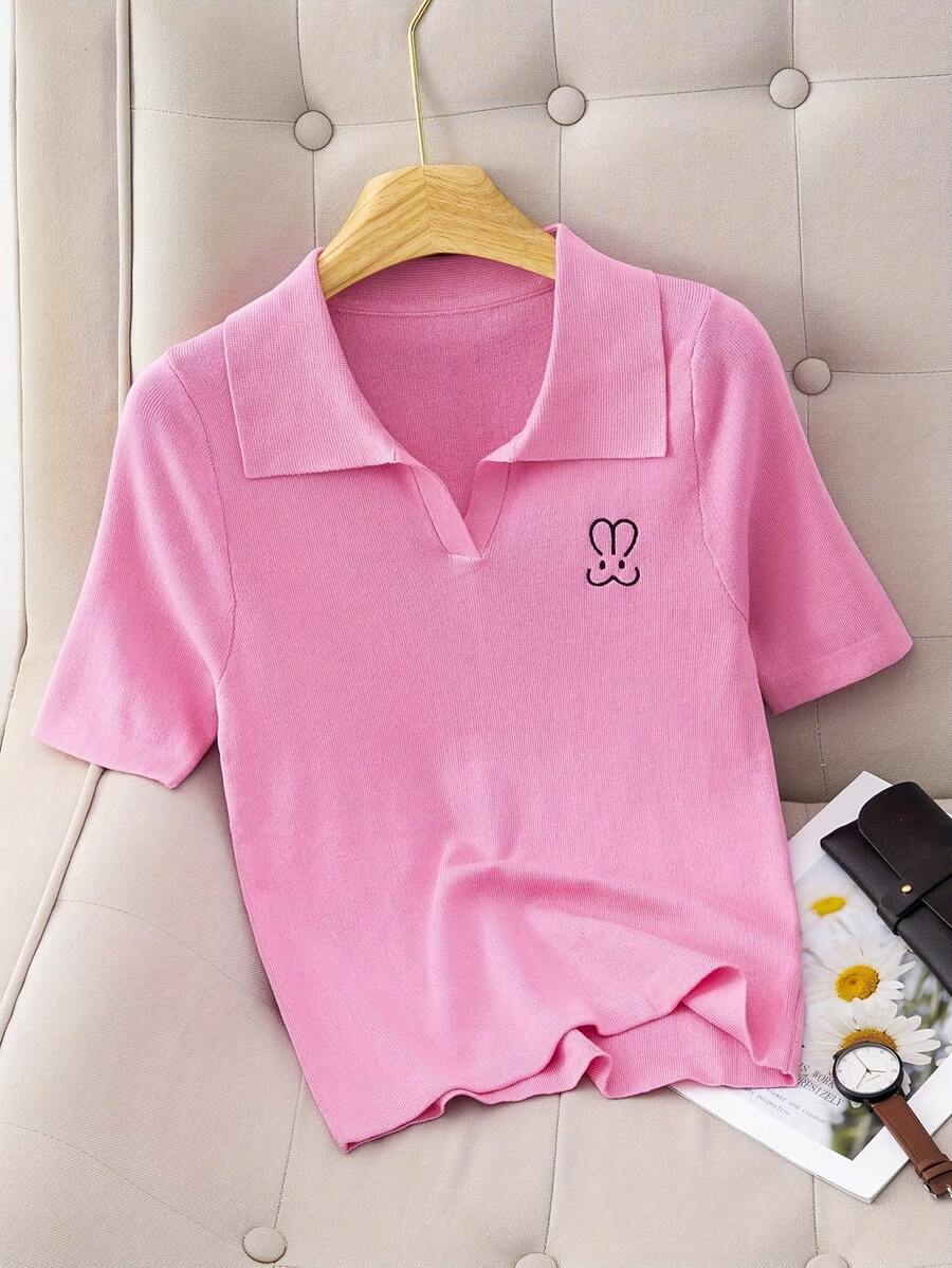 Camiseta Polo Feminina com Bordado, Camisa de Manga Curta, Rosa Primavera/Verão - Rosa chiclete - Visão 1