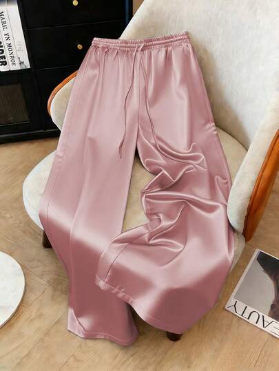 1pc Solid Color Woven Fabric Drawstring Waist Pants, Suitable For Holiday, School, Party, Airport, Stage And Concert Wear, Autumn/Winter With Shiny Finish Spring