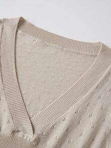 Womens Knit Tops Fall Long Sleeve V Neck Solid Color Eyelet Slim Fit Pullover Sweater - Khaki - View 3