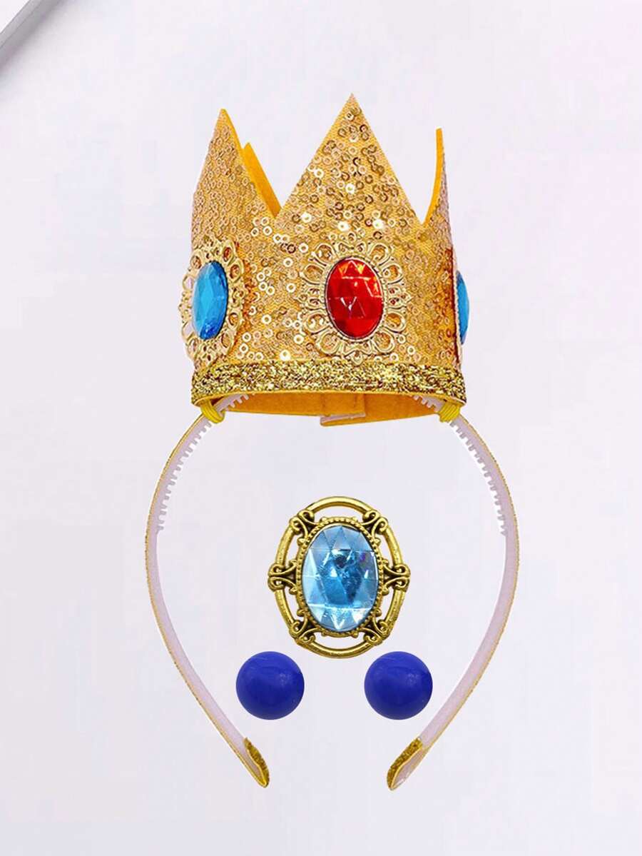 儿童生日派对头饰配件 - 公主皇冠头饰、徽章、耳环、角色扮演主题派对发饰、嘉年华头饰徽章耳环、儿童发饰 - 金色 - 查看 1