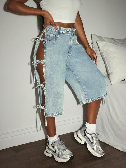 Shorts vaqueros con cordones y diseño calado, versátil moda para primavera/verano, adecuado para citas casuales, vacaciones, viajes, aeropuertos y salidas