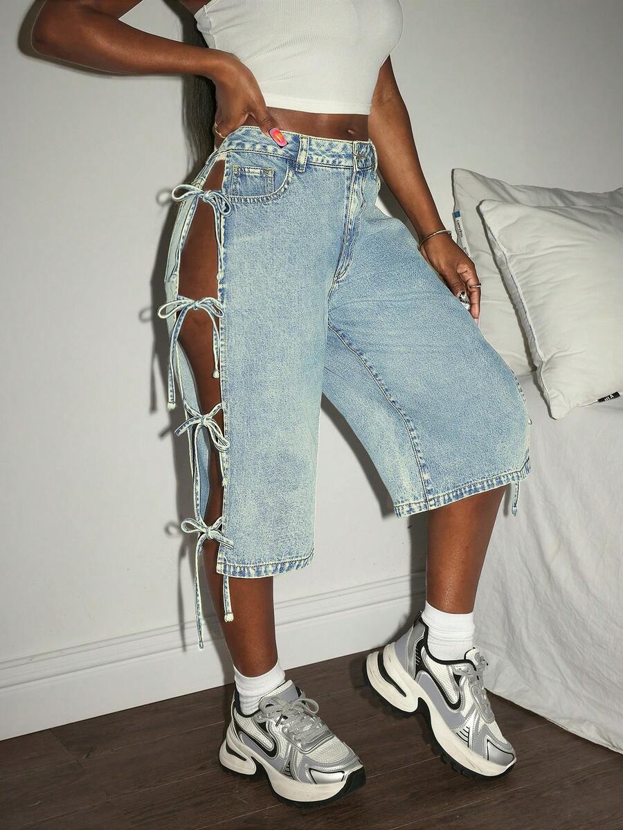 Casual Lace-Up Hollow Out Denim Shorts, Versatile Fashion For Spring/Summer, Suitable For Casual Dates, Holidays, Trips, Airports And Outings - Blue - View 1
