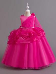 Children's Princess Dress, Tulle Skirt, Flower Girl Tween Girl Dress, Long Gown For Christmas Performance, Runway, Wedding, Emcee, Piano Recital (Please Refer To The Size Chart In The Product Details To Select The Appropriate Size) - 玫紅色 - 查看 3