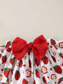 2pcs Baby Girls Cute Fashion 3D Bow Strawberry Flower Heart Print Camisole Top And Layered Tutu Skirt With Hat, Spring/Summer - White - View 7
