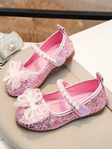 1 Đôi giày công chúa đính kim sa tím hình bướm và ngọc trai, giày đế mềm chống trượt cho bé gái mùa xuân/hè, giày dự tiệc sinh nhật, giày biểu diễn khiêu vũ thời trang cho trẻ em. - Hồng - Xem 5