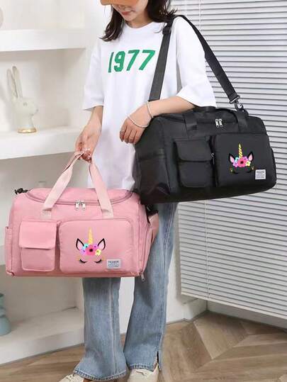 1 Piece Of Contrasting Large Unicorn Printed Handbag, Travel Bag, Lightweight Shoulder Bag, Crossbody Bag, Storage Bag, Fitness Bag, Luggage Bag, Overnight Bag, Multifunctional Shoe Bag, Multiple Pockets, Portable Large Capacity Adjustable Zipper Handbag, Travel Outdoor Sports Vacation Gift For Friends, Solid Color Nylon, Fashionable Double Pocket Design, Exquisite And Elegant Leisure Bag, Travel Accessories