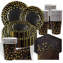 20-Piece Black & Gold Polka Dot Themed Disposable Tableware Set- Plates/Cups/Napkins, Luxury Party Supplies For Wedding Reception, Elegant Dinners & Anniversary Celebrations
