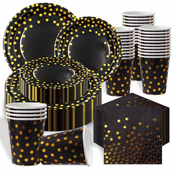 20-Piece Black & Gold Polka Dot Themed Disposable Tableware Set- Plates/Cups/Napkins, Luxury Party Supplies For Wedding Reception, Elegant Dinners & Anniversary Celebrations