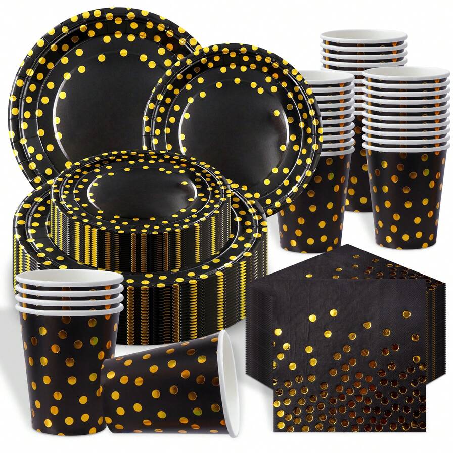 20-Piece Black & Gold Polka Dot Themed Disposable Tableware Set- Plates/Cups/Napkins, Luxury Party Supplies For Wedding Reception, Elegant Dinners & Anniversary Celebrations