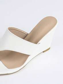 Women's Fashion High Heel Shoes, PU Leather, Solid Color, Party, Slip-On, Open Toe, Open Heel, Classic Round Toe Sandals, Wedge Sandals, Summer, Outdoor, Regular, Women's White Sandals, High Heel Slippers, Minimalist, Sexy, Versatile, Metallic