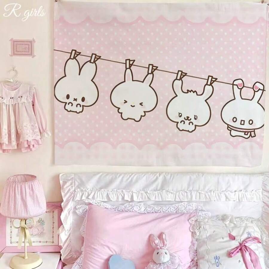 Tapiz decorativo con diseño de conejito lindo colgante, tela de dibujos animados con conejito pequeño y adorable para decorar el dormitorio o la habitación de una niña con motivos de corazones - Multicolor - Ver 1