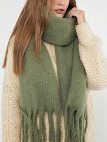1件装女士加厚纯色毛绒流苏围巾，保暖秋冬时尚披肩，柔软舒适毯式围巾，百搭日常配饰 - 軍綠色 - 查看 2