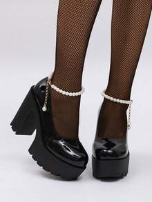 Novos Saltos Altos de Couro Envernizado com Decoração de Corrente de Pérolas para Mulheres, Saltos Elevados Doces e Punk, Adequados para Uso Diário, Festa, Punk, Banquete - Preto - Visão 4