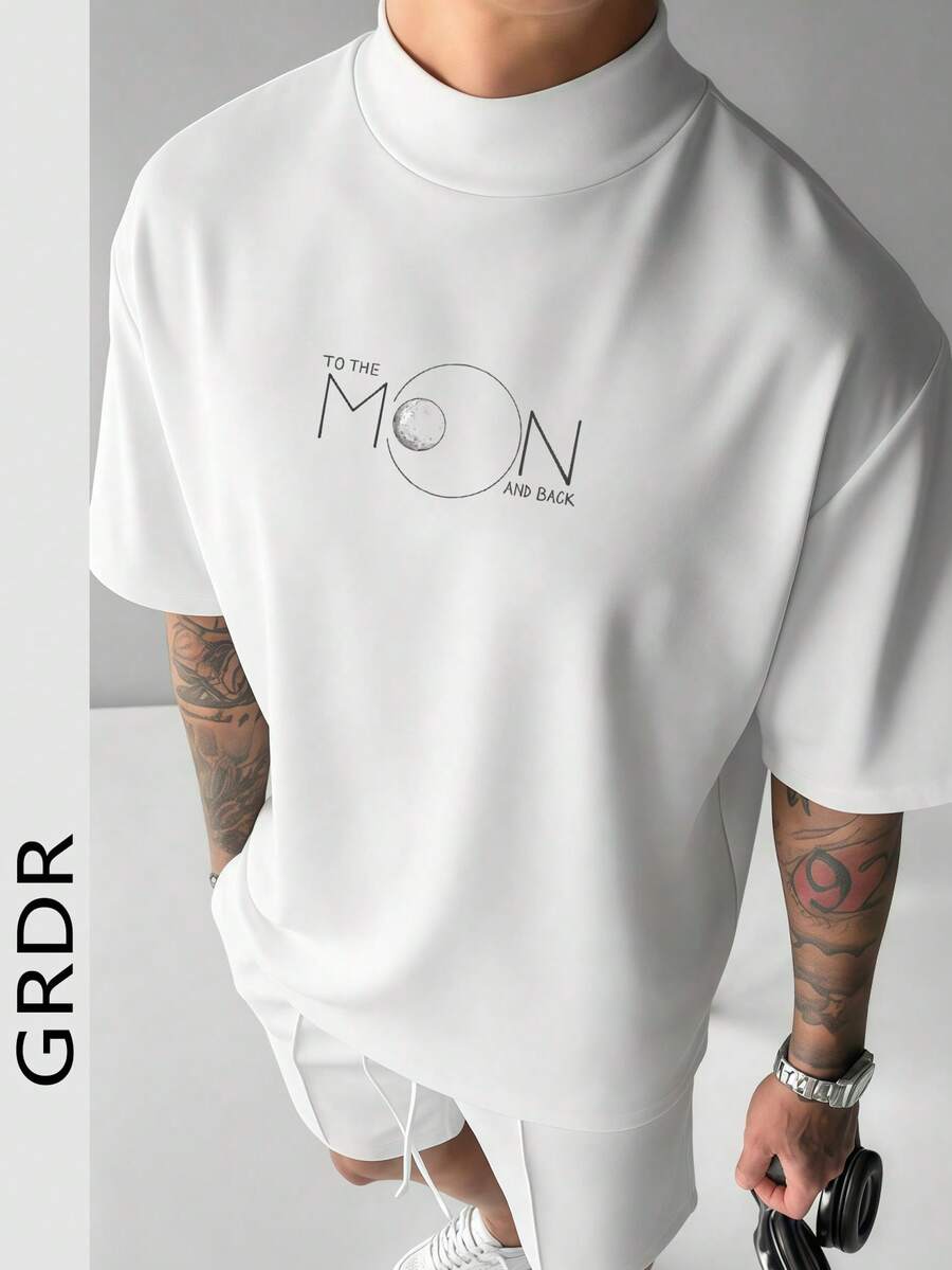 GRDR 男士时尚字母标语和月亮图案印花 Polo 领短袖 T 恤，适合夏季穿着 - 白色 - 查看 1