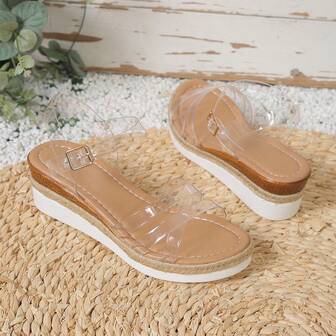 Aijiangluo 女士新款时尚透明轻便百搭水钻露趾厚底凉鞋，夏季度假风编织带装饰坡跟凉鞋，适合约会、购物、通勤、派对、海滩等场合