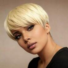 6 Inch Pixie Cut Wig Human Hair For Black Women-Short Blonde Straight Human Hair Wigs With Bangs-Non Lace Full Machine Made Rose Net Cap - S613 - View 2