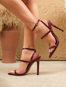 Sandales à talons aiguilles sexy pour femmes grandes tailles, sandales à talons hauts élégantes et polyvalentes pour soirées décontractées, sandales à talons aiguilles sexy et élégantes pour soirées, sandales à talons aiguilles pour femmes pour la marche - Rouge foncé - Voir 4