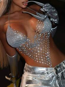 Women's Halter Tops Sleeveless Backless Reinstone Sparkly Glitter Bra Crop Shirt For Party Club Night - 白色 - 查看 5