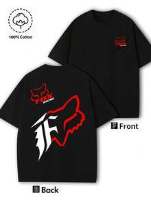 Men's T-Shirt With "FOX" Graphic Print, Casual Short-Sleeved Shirt Made Of Pure Cotton, Relaxed Fit, Street Style T-Shirt, Outdoor Sports Shirt, Machine Washable, A Must-Have For Outdoor Fans. - 黑色 - 查看 3