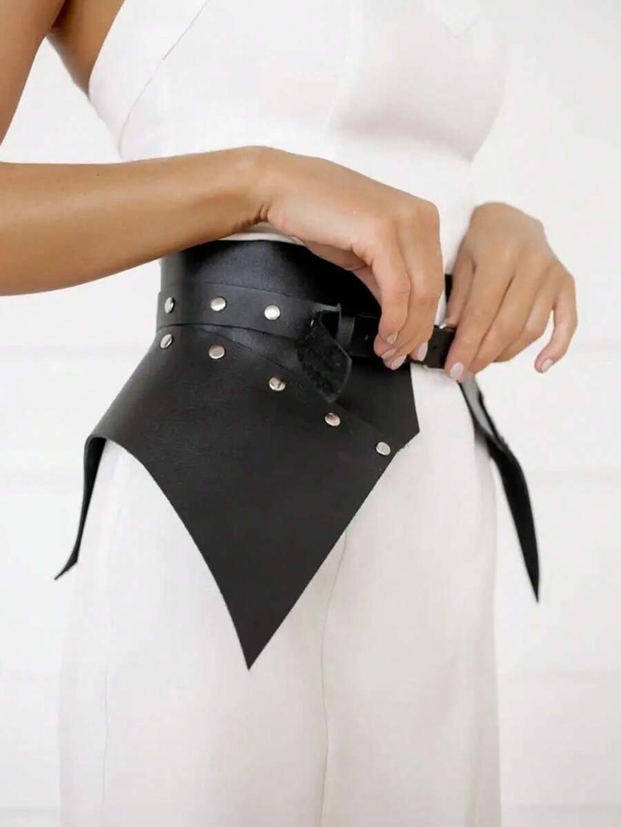 Women Fashion PU Leather Corset Belt, Punk Plain Wide Belt, Gothic Wide Peplum Waist Cincher Belt,Waist Peplum Belt, Corset Belt Skirt Street Style Daily Outfit. - 黑色 - 查看 1