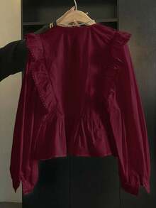 ii Plus Size Casual Solid Color Lace Patchwork Ruffle Trim Long Sleeve Top Spring - Burgundy - View 3