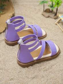 2026 Spring/Summer New Girl's Pearl Sequin Sandals, Double Ankle Strap Flat Roman Sandals, Versatile For Party, Vacation - Mauve Purple - View 3