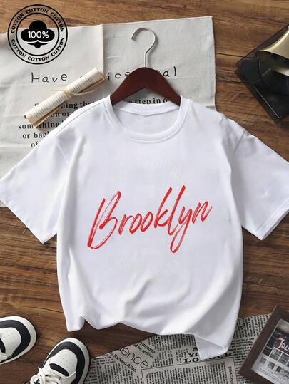Women's Short Sleeve Graphic T-Shirt Brooklyn Letter Print Crew Neck Top Limited Edition Active Wear Core Denim Vintage Casual Tee Soft Comfy Summer Daily Shirts