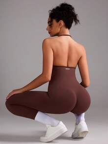 Yefecy Women's Soft Tone Jumpsuit, Backless Spaghetti Strap Long Jumpsuit - Brown - View 5