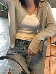 1pc Solid Color Knit Fabric Front Button Cardigan, Lightweight For Daily Wear, Spring/Summer - Grey - View 2