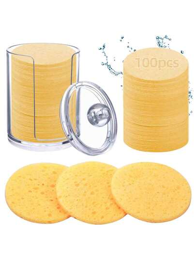 10/20/30/50/100pcs 100% Natural Cellulose Round Compression Facial Sponges With Storage Jar - Soft Exfoliating & Cleansing For Makeup Removal, Travel-Friendly Skincare Set, Ideal Gift