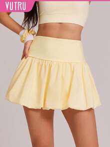 VUTRU 二合一防闪光运动裙，A字网球裙，百褶高尔夫羽毛球裙 - Butter Yellow - 查看 1