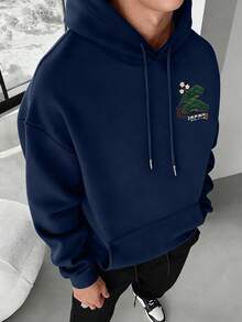 男士时尚百搭休闲仙鹤印花连帽卫衣，秋冬款 - 藏蓝色 - 查看 2