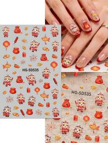 5片/套 中国新年卡通马3D美甲贴纸，节日气氛浓厚，中国风，马年主题，5D精致贴纸，适用于情人节、复活节、音乐节、婚礼季、狂欢节等场合，易于粘贴的美甲装饰，DIY，节日礼物，Y2K - 彩色 - 查看 4