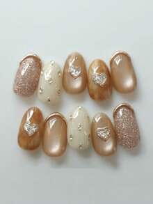 10片椭圆形香槟色闪粉猫眼3D爱心全覆盖手工美甲贴纸，可重复使用，4种尺寸可选，适合女孩/女士、演员、舞台表演、节日、派对、婚礼和日常佩戴 - 香檳色 - 查看 2