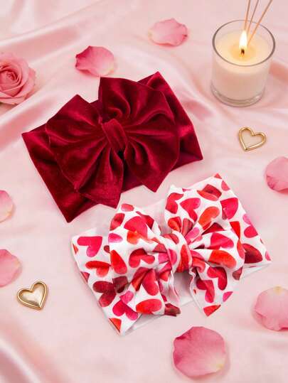 2 piezas Estilo europeo y americano Día de San Valentín Accesorios para el cabello de niños con corazón y lazo grande hecho a mano, Diadema de tela con estampado rojo para bebés, Atmósfera festiva Pañuelo para el cabello de niñas