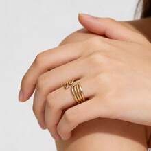 COINBUFF 1pc Elegant Line & Geometric Stainless Steel Gold-Plated Adjustable Non-Fading Ring, Suitable For Daily Wear And Holiday Gifts - As Shown - View 2
