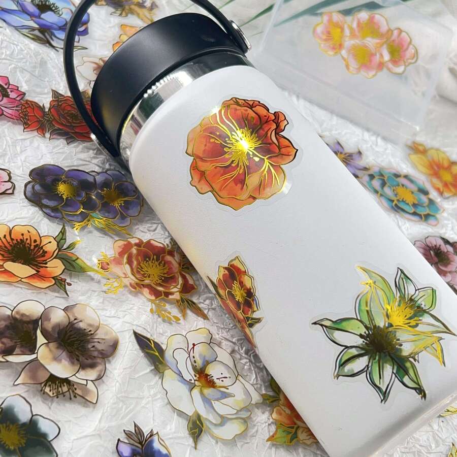 1Set Transparent Flower Aesthetic Golden Foil Stickes Floral Stickers Craft Supplies PET Vinyl Sticker - Multicolor - View 1