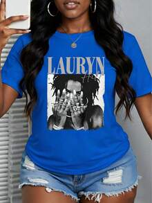 With Ring On Hand - 100% Cotton Women's T-Shirt Lauren Hill Letter Print Y2k Vintage Tee Casual Summer Plus Size Top - Niche Graffiti Prints Shirts - 藍色 - 查看 1