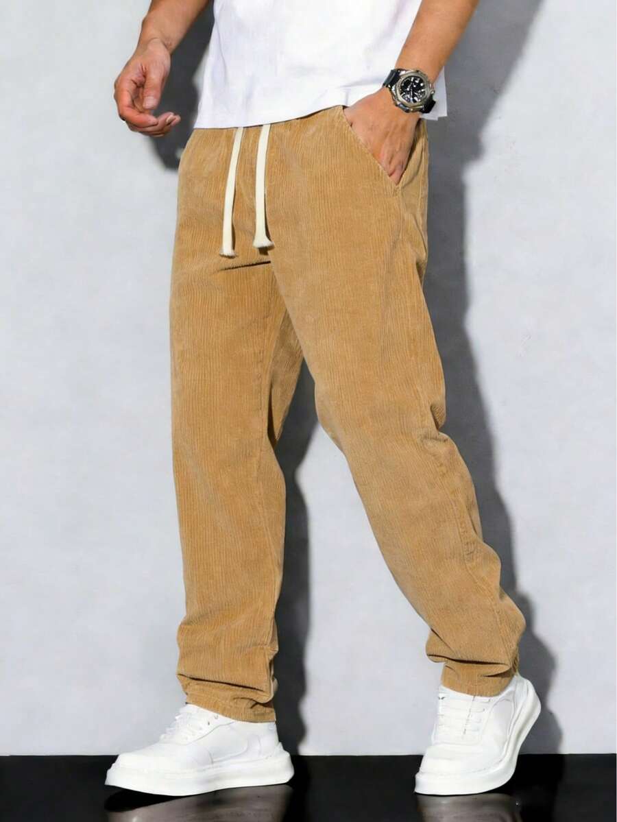Men's Corduroy Lightweight Casual Trousers For Spring And Summer, Comfortable To Wear, With Drawstring And Pockets, Machine Washable. - Lạc đà - Xem 1