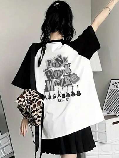 女士休闲宽松撞色字母印花插肩袖T恤，舒适日常街头风，春夏款